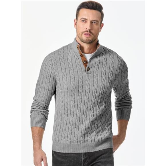 NEW Men's Cable Knit Pullover Sweater Casual Long Sleeve Stand Collar - Picture 4 of 6